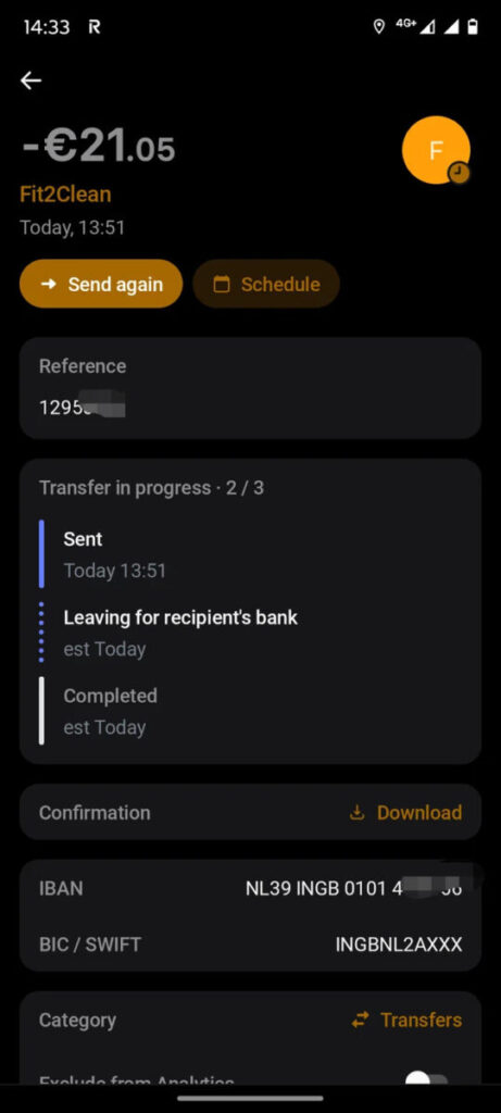Статус перевода SEPA processing / pending в мобильном банке Revolut