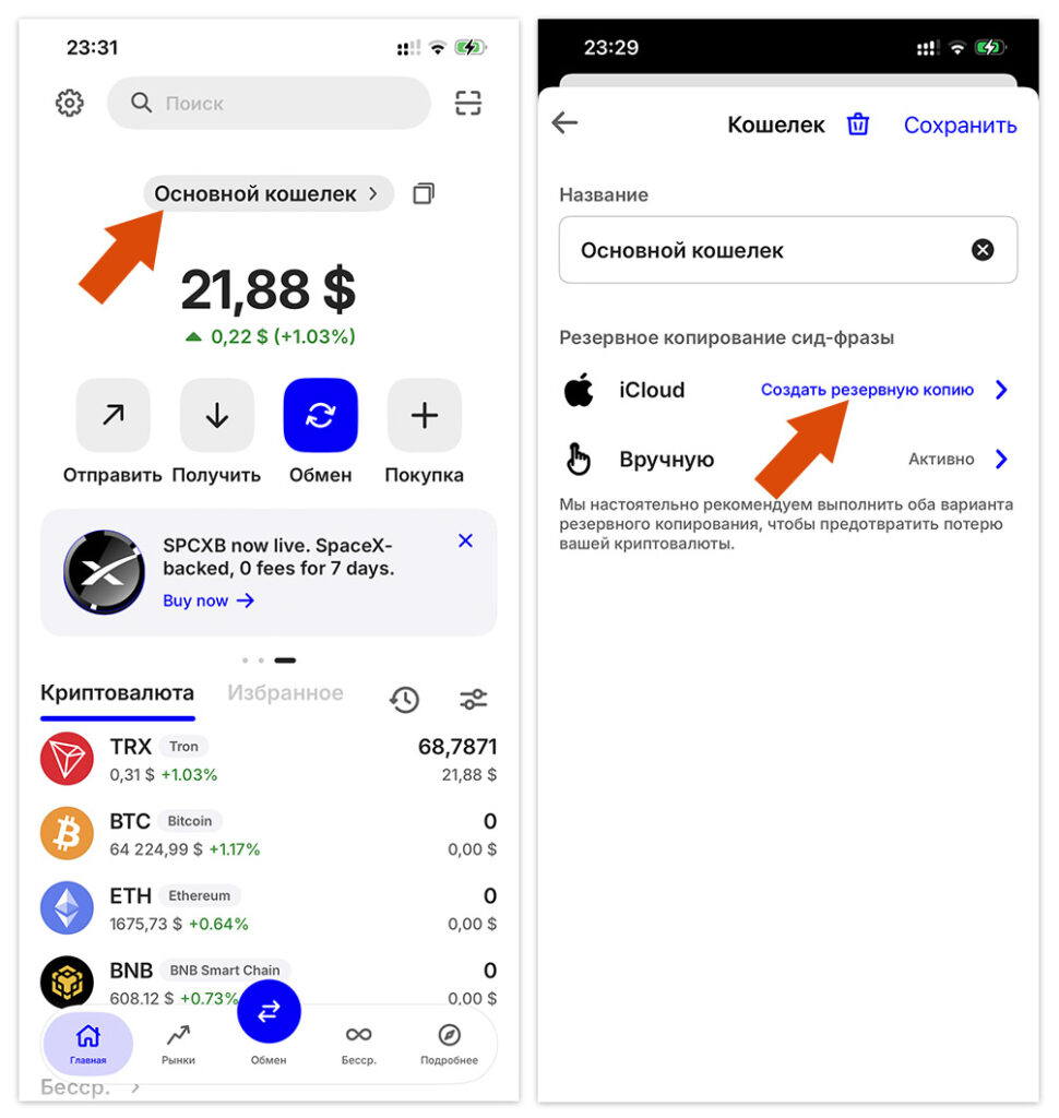 Trust Wallet Settings → Wallets → Info → Cloud Backup