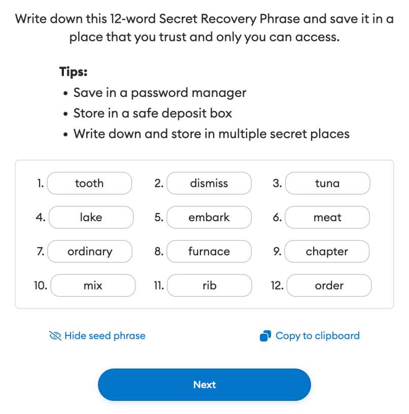 Экран подтверждения сид-фразы Trust Wallet